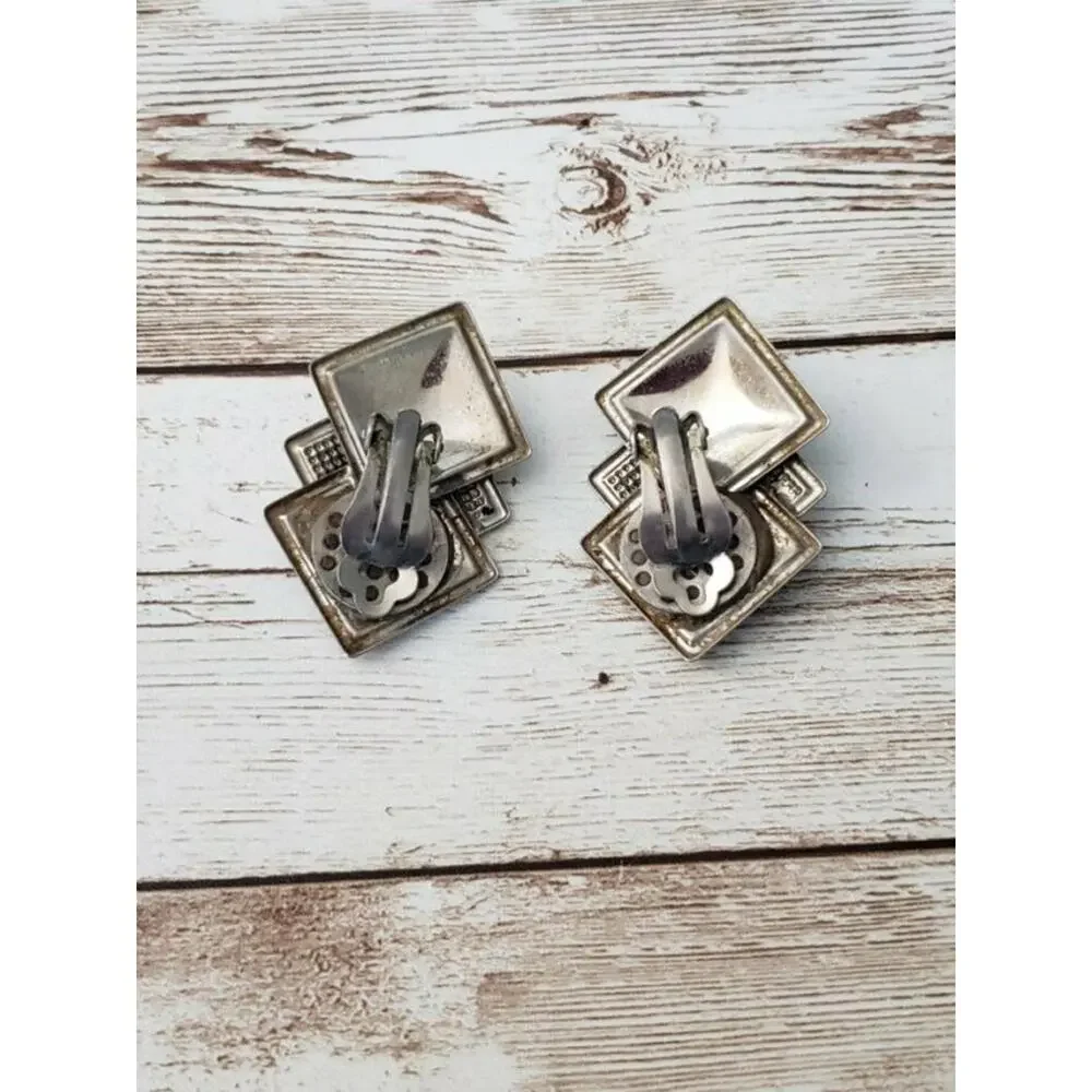 Vintage Clip On Earrings - Layered Blue & Green Diamond Shapes Large Statement